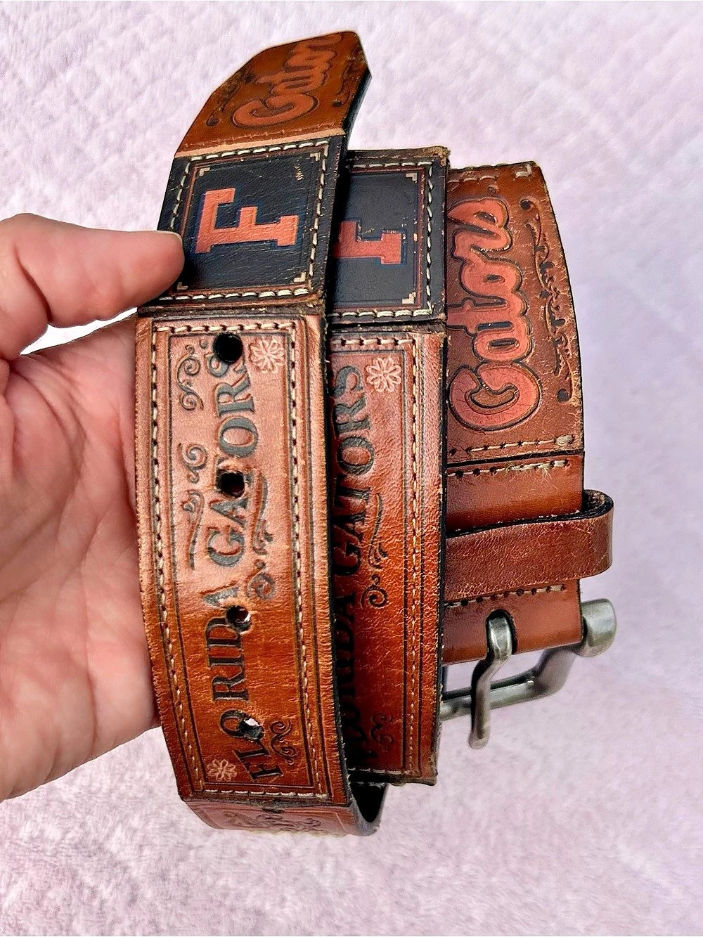 Fossil Florida Gators Leather Belt UF Patchwork Embossed Genuine Leather Vintage